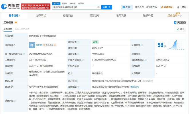 霸王茶姬跨界布局 黑龍江成立企業(yè)管理公司，拓展工藝美術(shù)品與禮儀用品銷售新賽道